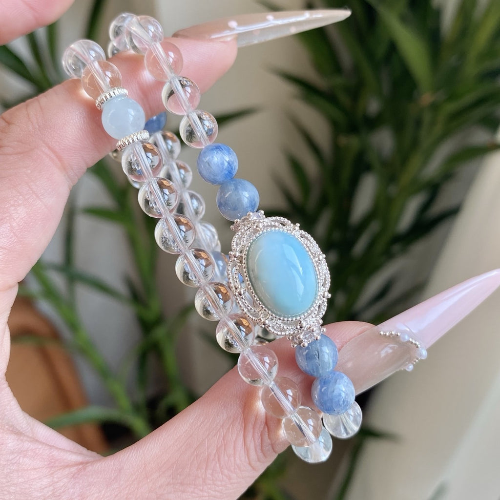 White crystal sea-patterned stone double-ring bracelet