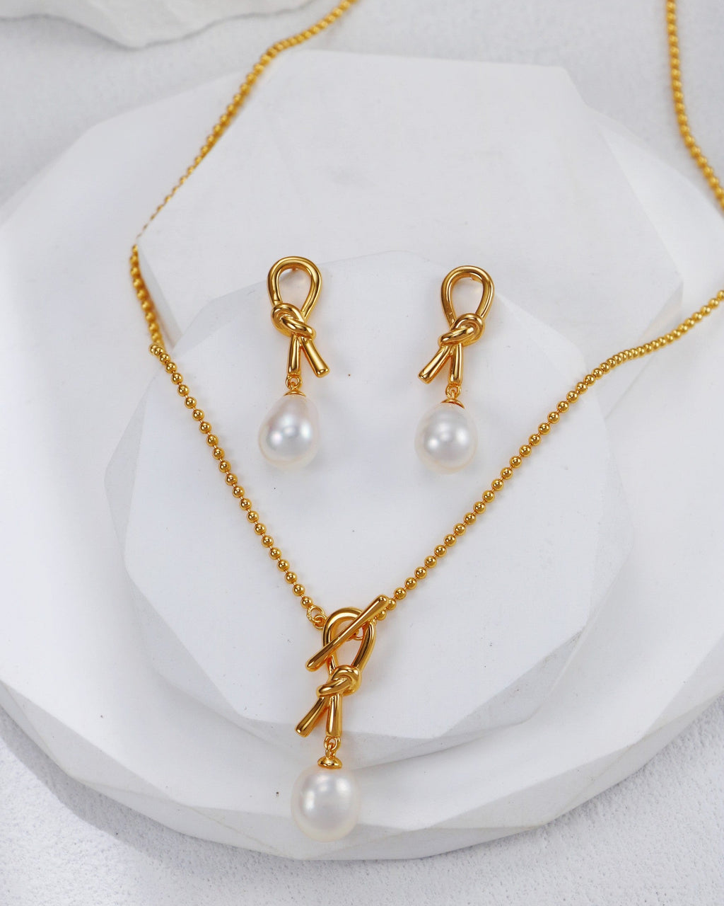 S925 Sterling Silver Knot Pearl Necklace & Earrings Set
