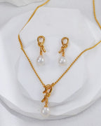 S925 Sterling Silver Knot Pearl Necklace & Earrings Set