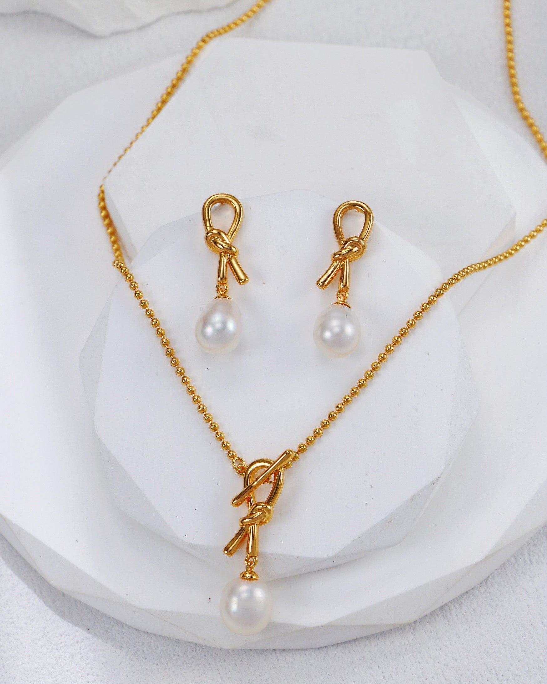 S925 Sterling Silver Knot Pearl Necklace & Earrings Set