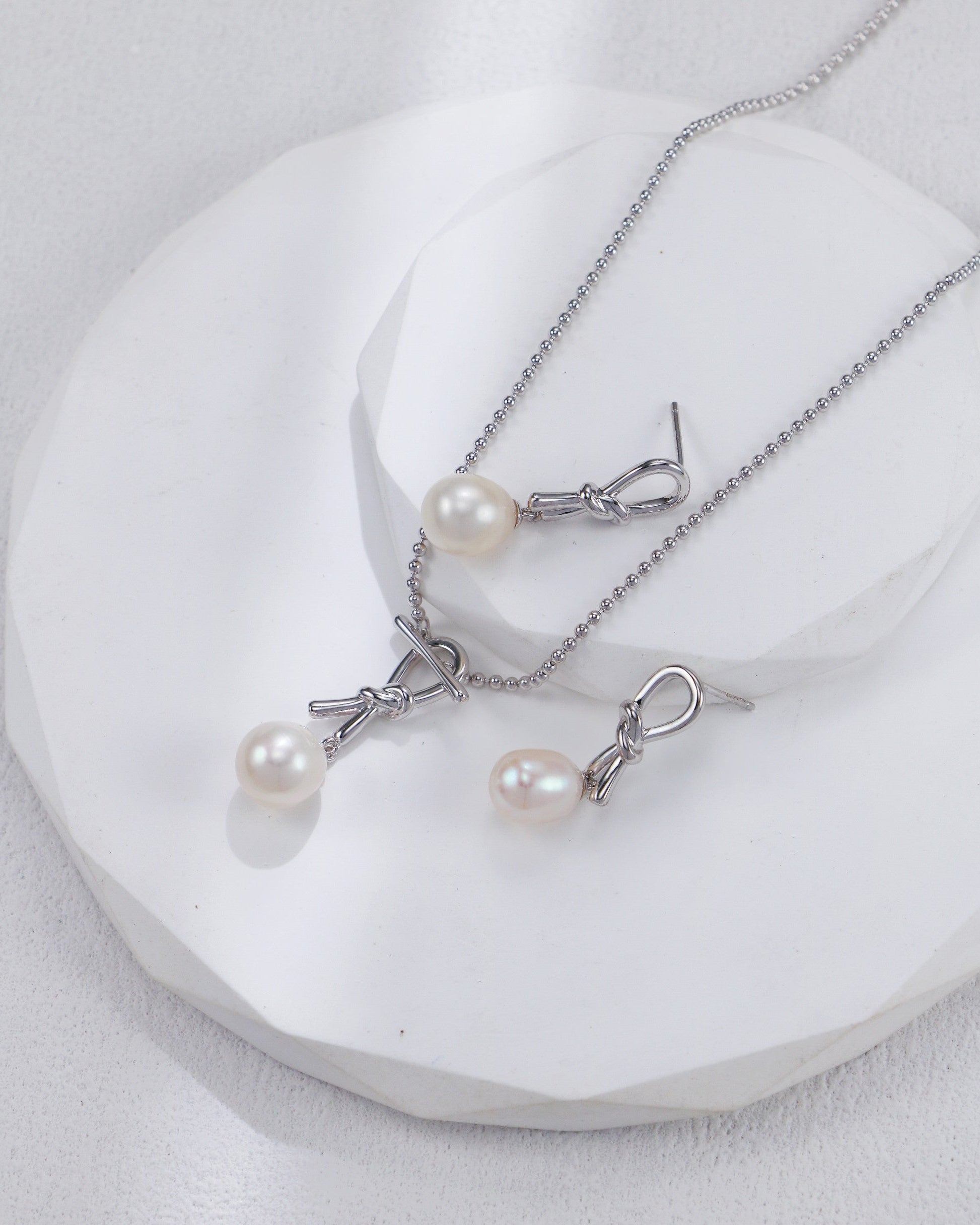 S925 Sterling Silver Knot Pearl Necklace & Earrings Set
