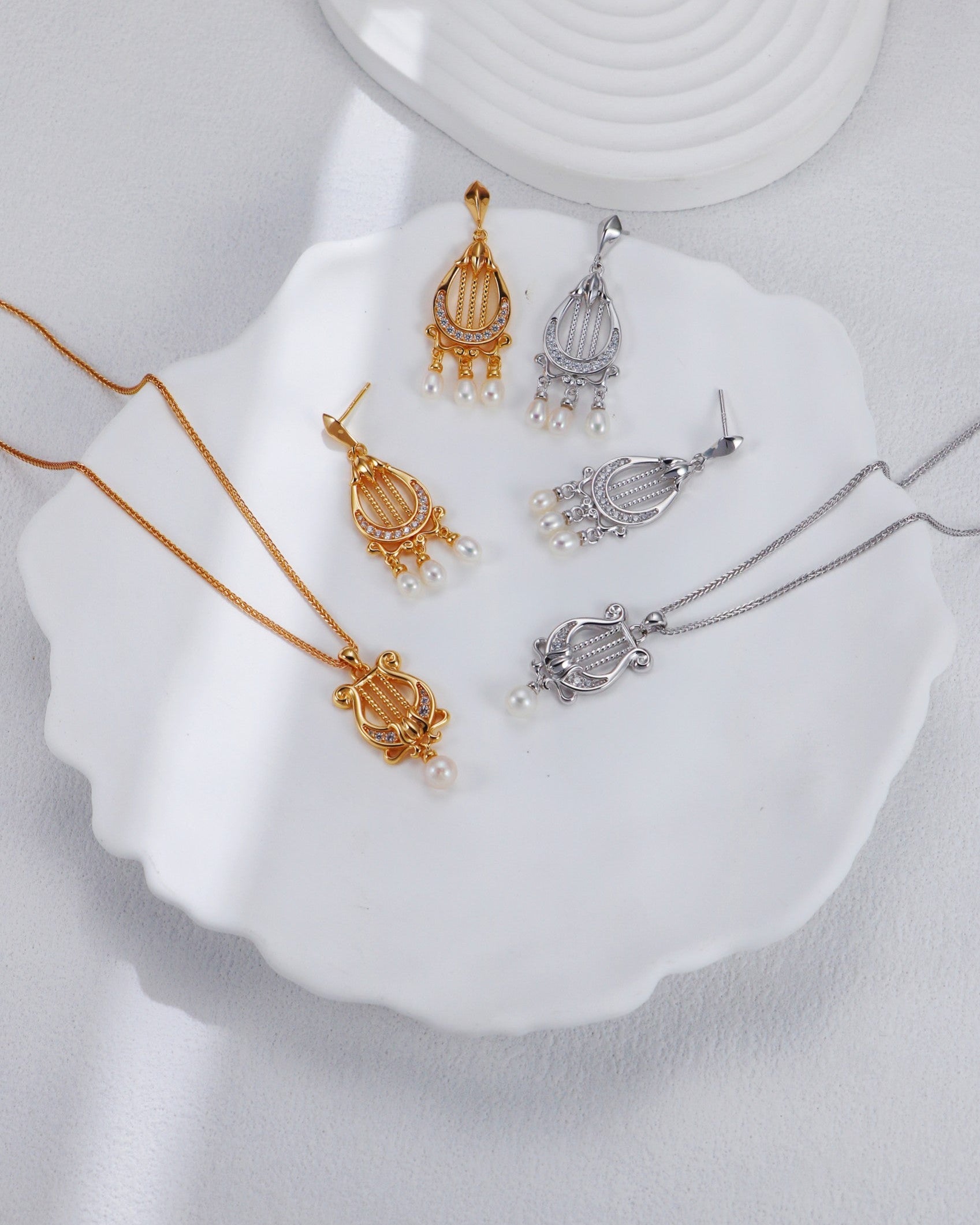 S925 Sterling Silver Harp Pearl Set