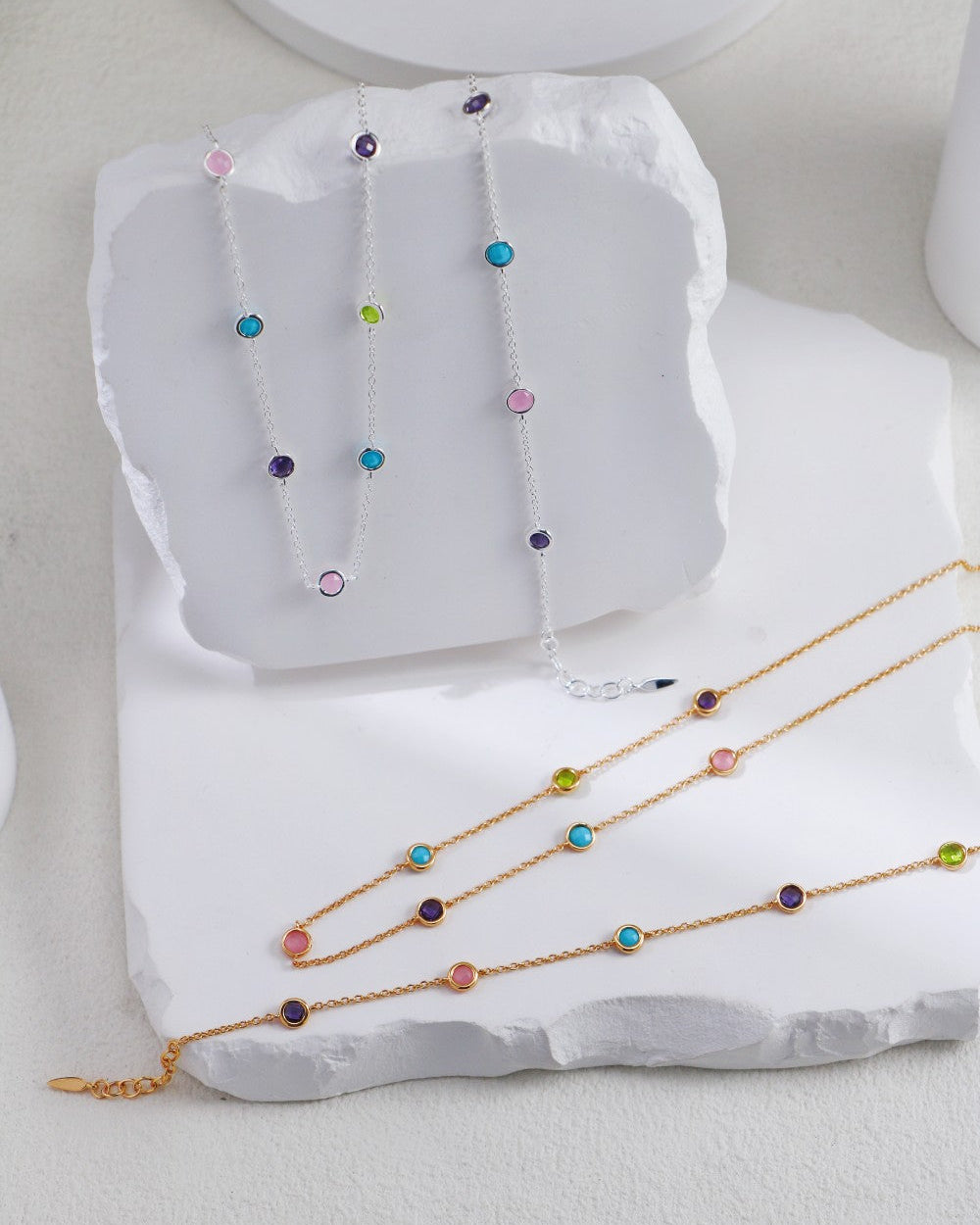 Silver Round-Cut Edge Colored Stone Bracelet