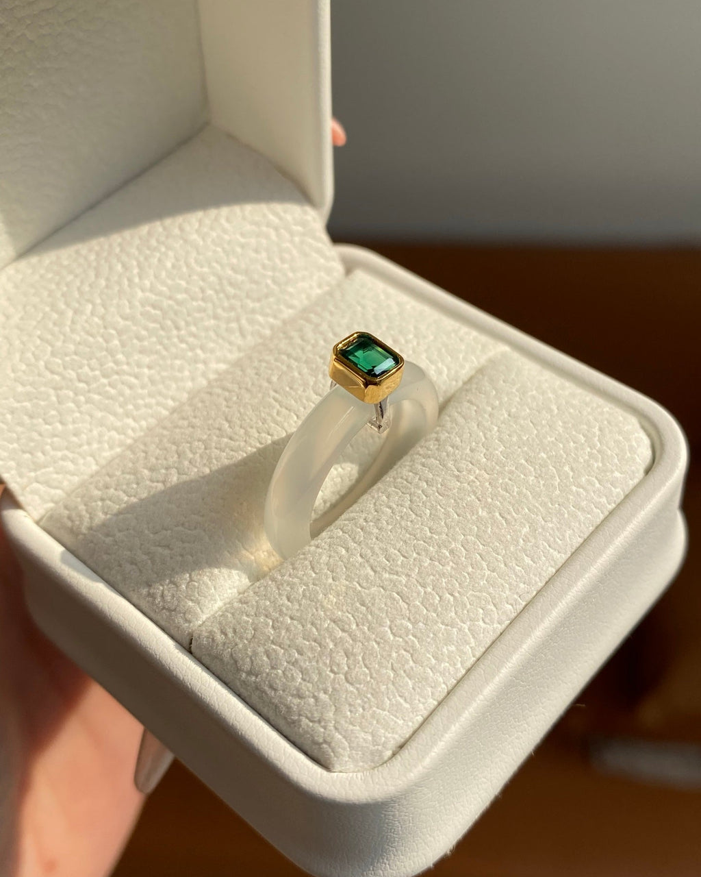 White Chalcedony & Green Zirconia Ring