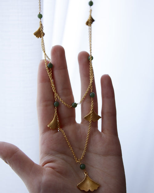 Gingko & Jade Long Pendant Necklace
