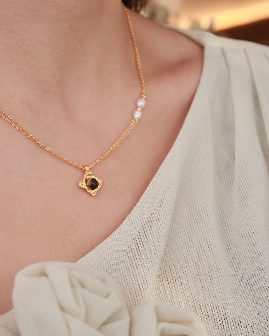 Tiger‘s Eye & Pearl Double Layer Necklace