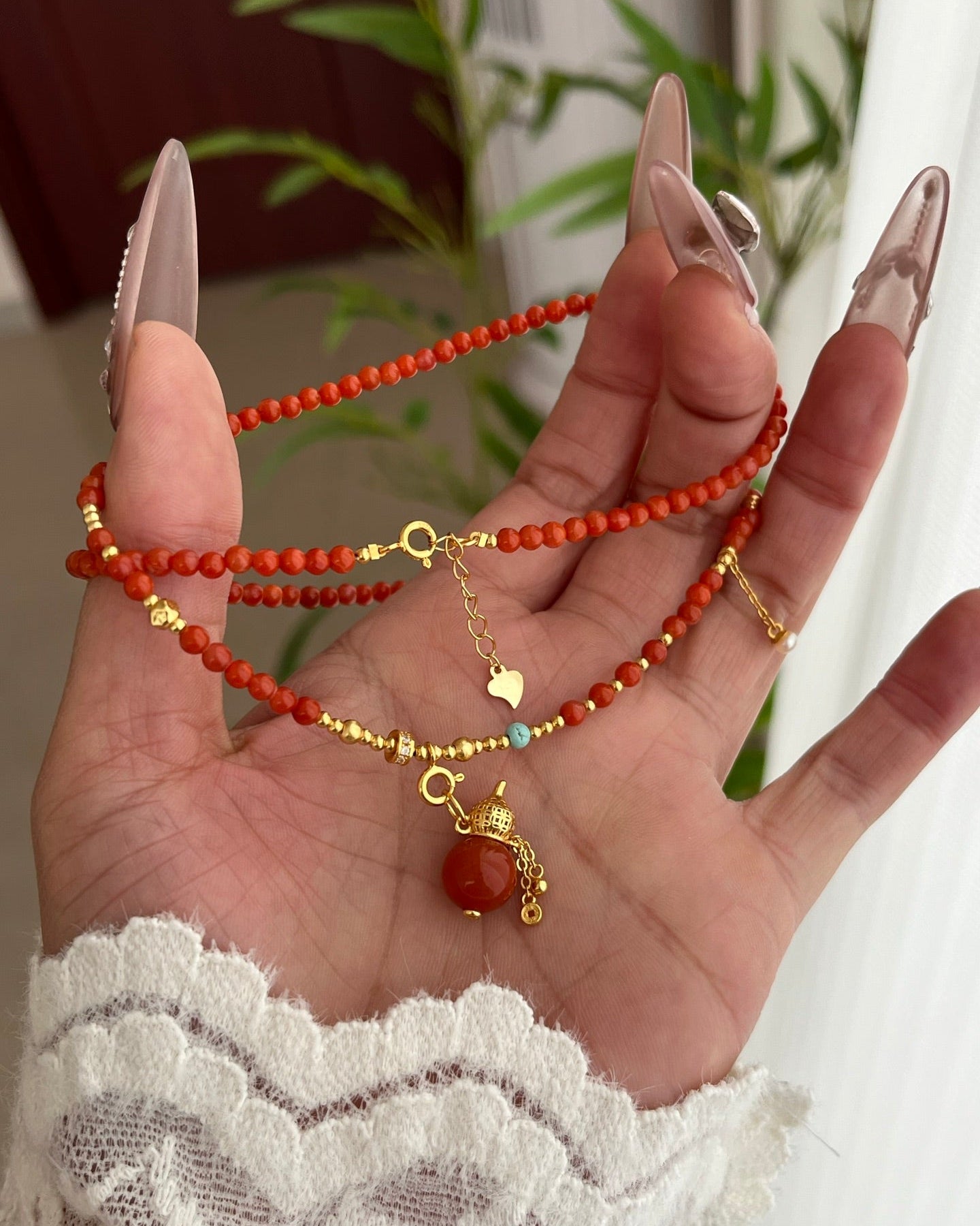 【Blossoming Fortune】 Red Agate Fringe Chain Necklace