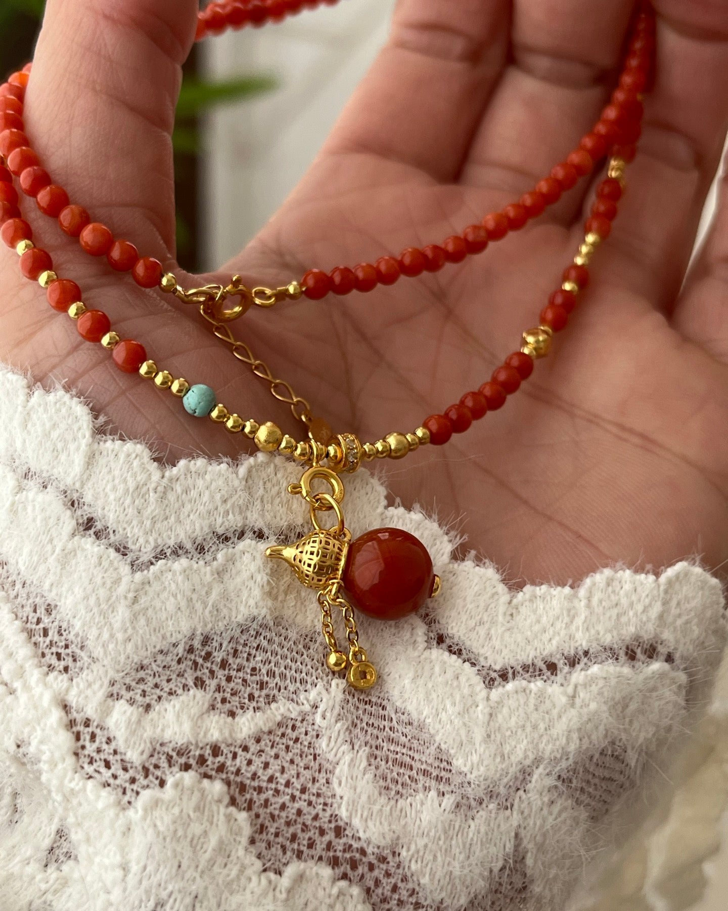 【Blossoming Fortune】 Red Agate Fringe Chain Necklace
