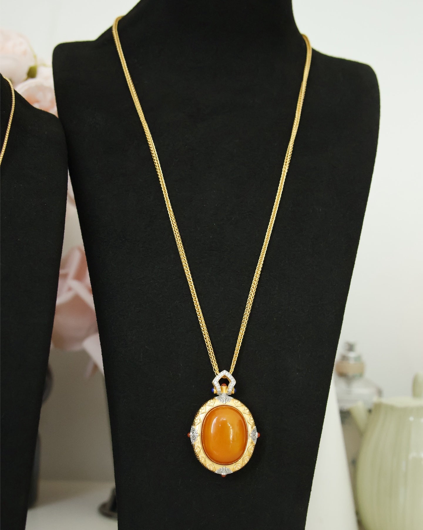 【Antique Amber】 Enamel Cloisonné Pendant Necklace